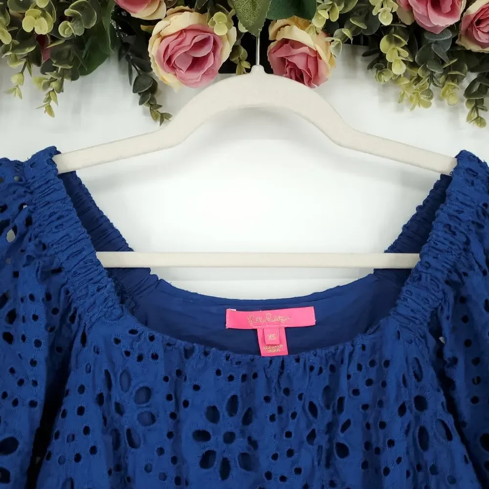 Lilly Pulitzer Kerrigan Elbow Sleeve Funflower Navy Eyelet Top Size XS
